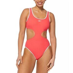 REEBOK Cutout Piping-Trim Tank One Piece Swimsuit Sz Small Neon Coral Monokini